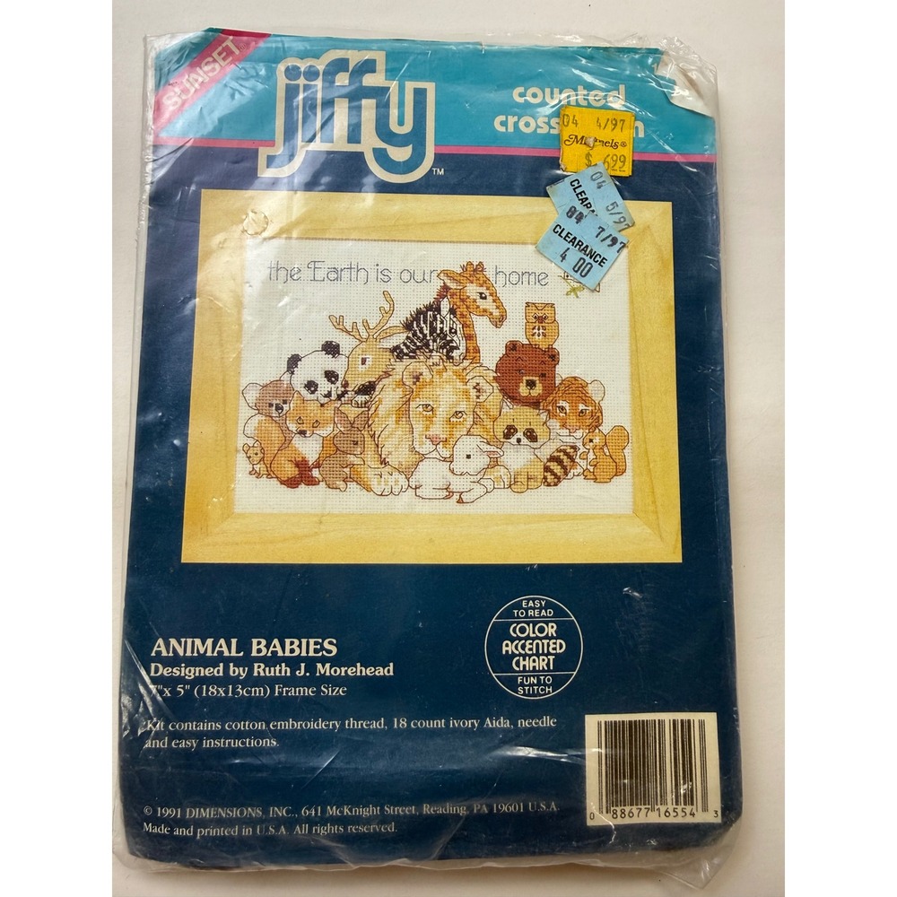 Jiffy Counted Cross Stitch Kit Animal Babies 7"x5" Vintage